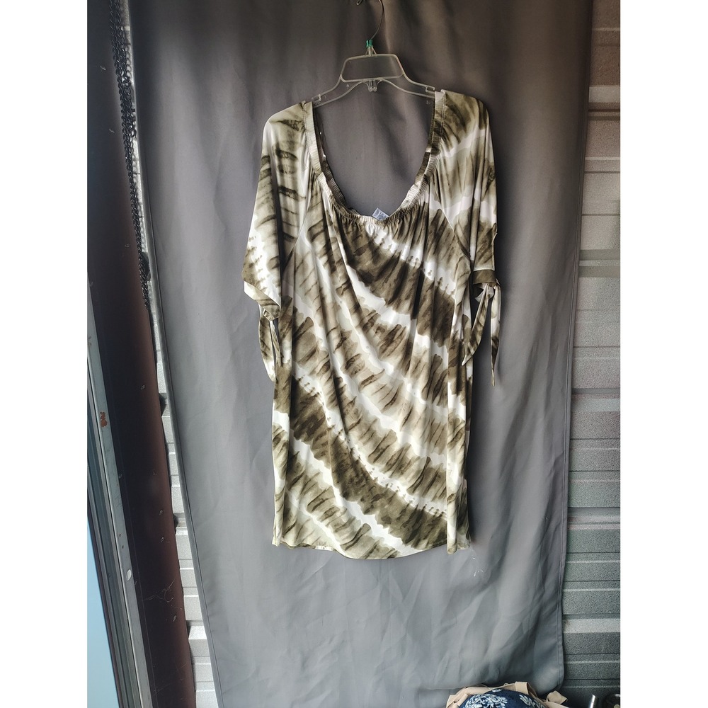 It's Women 3X Tie Dye Tunic Top Olive Green White Off‎ Shoulder Tie Sleeve Boho